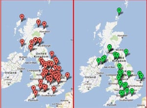 The left map shows the location of 48 waste feedstock AD plants while the right one shows the UK's 29 farm feedstock plants